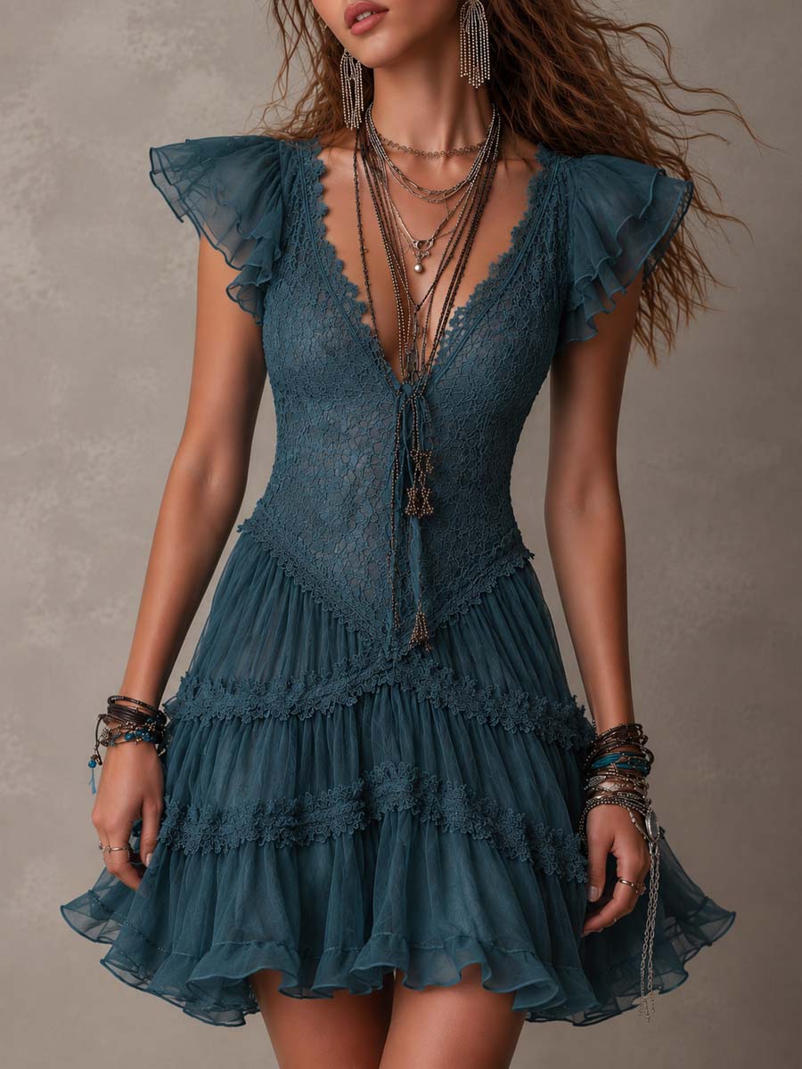 Josie | Ruffled Lace and Satin Mini Dress in Retro Blue
