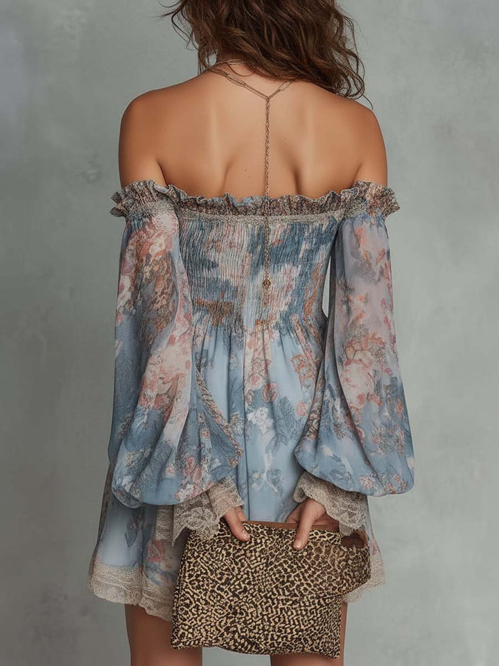 Elsie | Gathered Satin Off-Shoulder Mini Dress with Romantic Florals