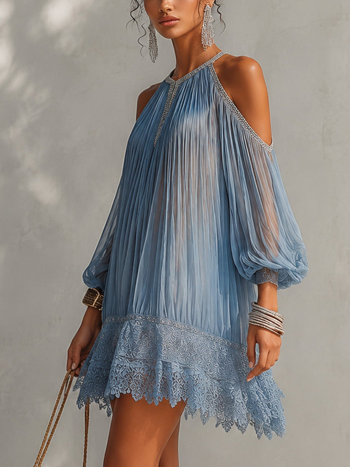 Amelia | Blue Ruched Off-Shoulder Mini Dress with Lace Hem