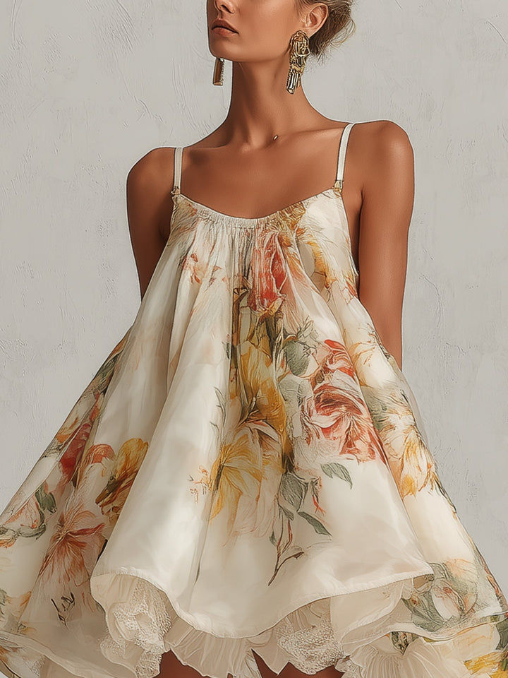 Sophie | Beige Floral Satin Trapeze Mini Dress with Lace Trim