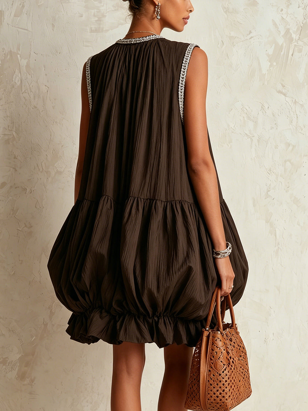 Thea | Sleeveless Brown Mini Dress with Puff Hem