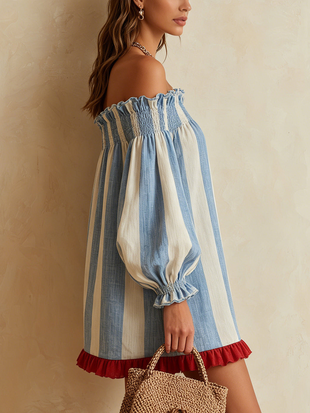 Iris | Blue and White Striped Off-Shoulder Mini Dress with Contrast Hem