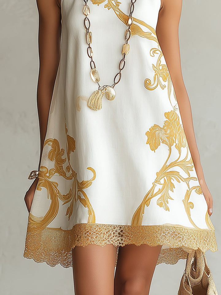 Ava | White Lace Mini Dress with Gold Motifs