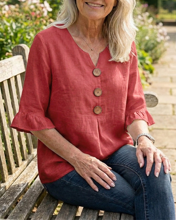 Kerria | Ruffle Sleeve Button Linen Blouse