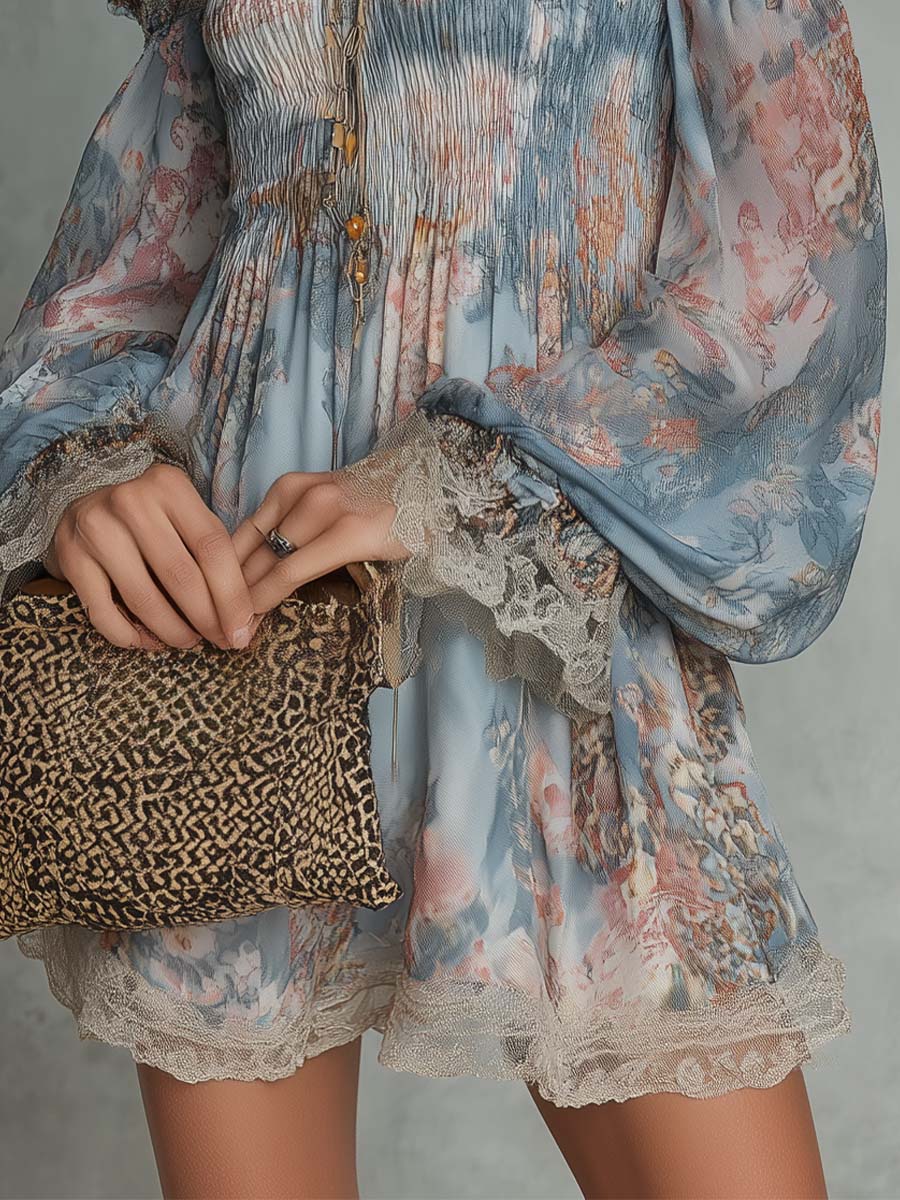 Elsie | Gathered Satin Off-Shoulder Mini Dress with Romantic Florals