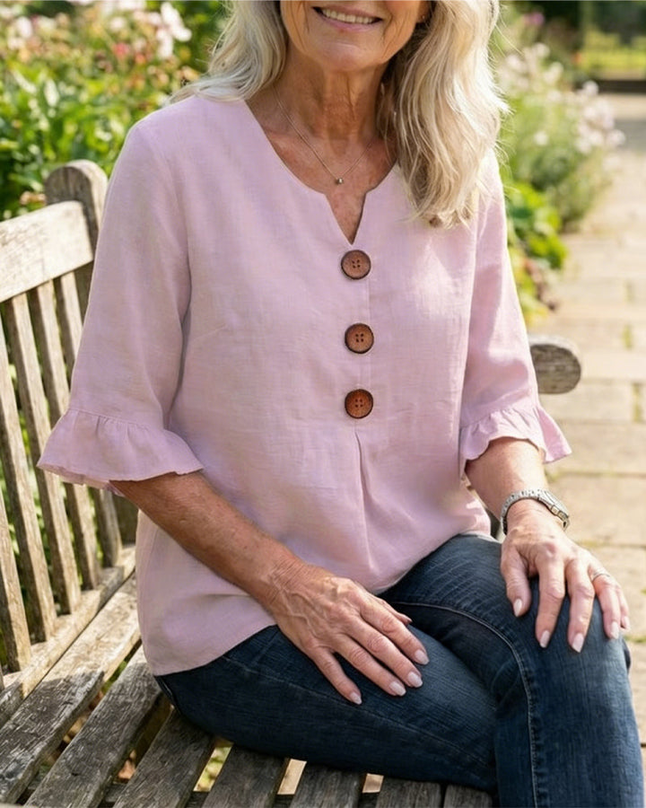 Kerria | Ruffle Sleeve Button Linen Blouse