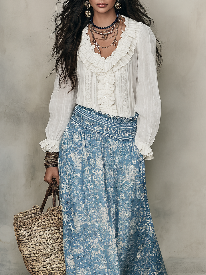 Tess | White Ruffled Shirt And Blue Jacquard