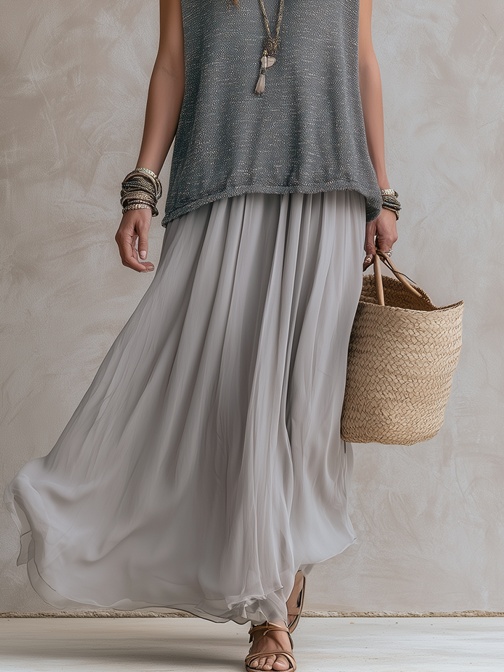 Luna | Grey Knit Top And Chiffon Skirt