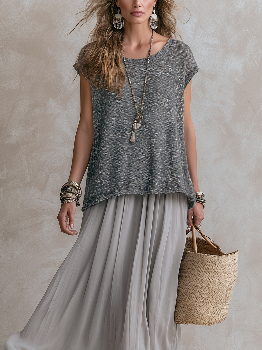 Luna | Grey Knit Top And Chiffon Skirt