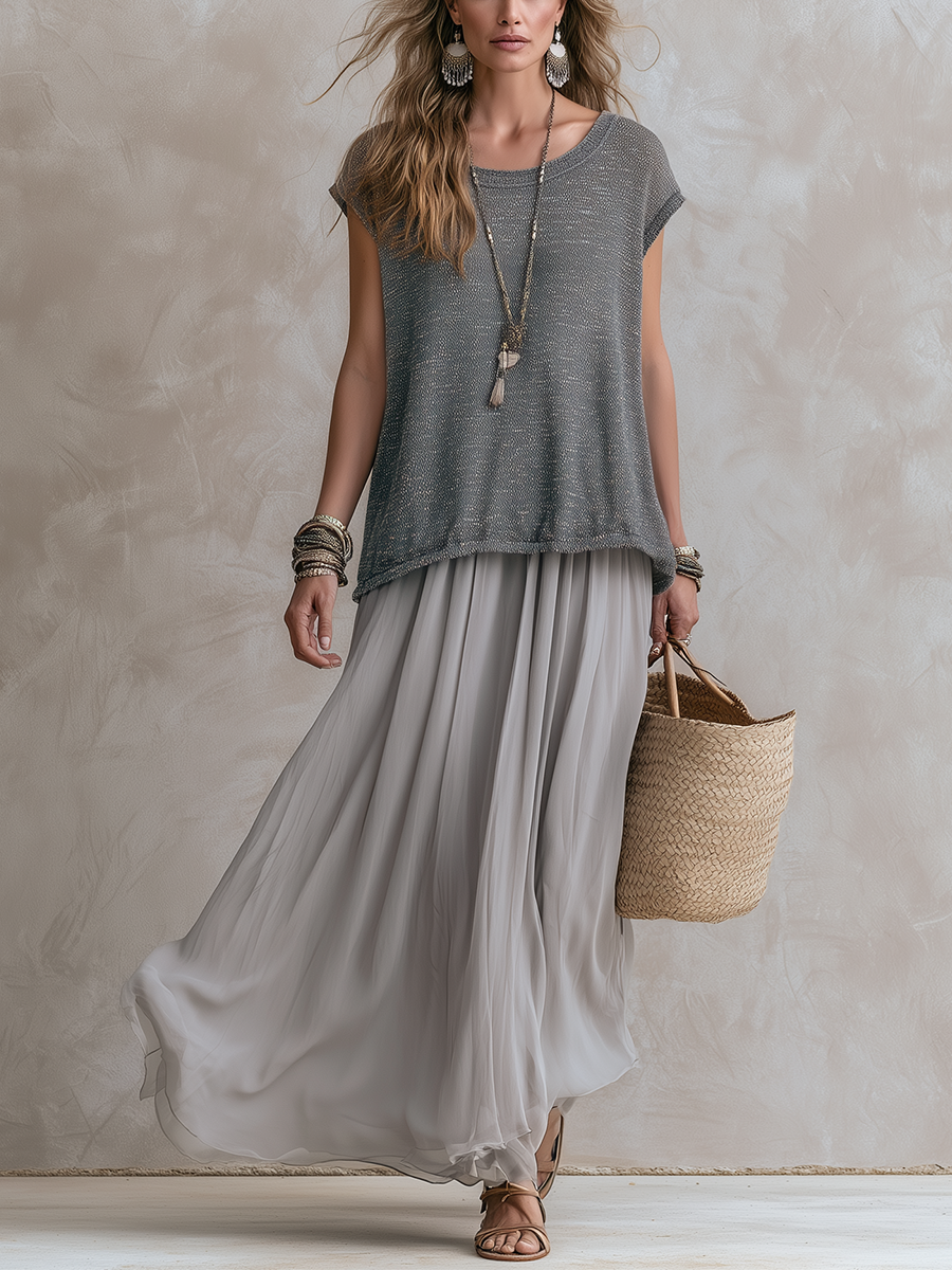 Luna | Grey Knit Top And Chiffon Skirt