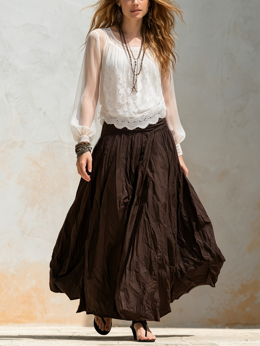 Hazel | Lace Chiffon Top And Brown Skirt