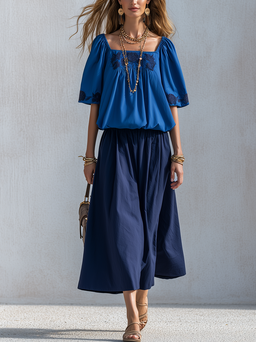 Briar | Cotton Linen Blue Colour-blocked Skirt Suit