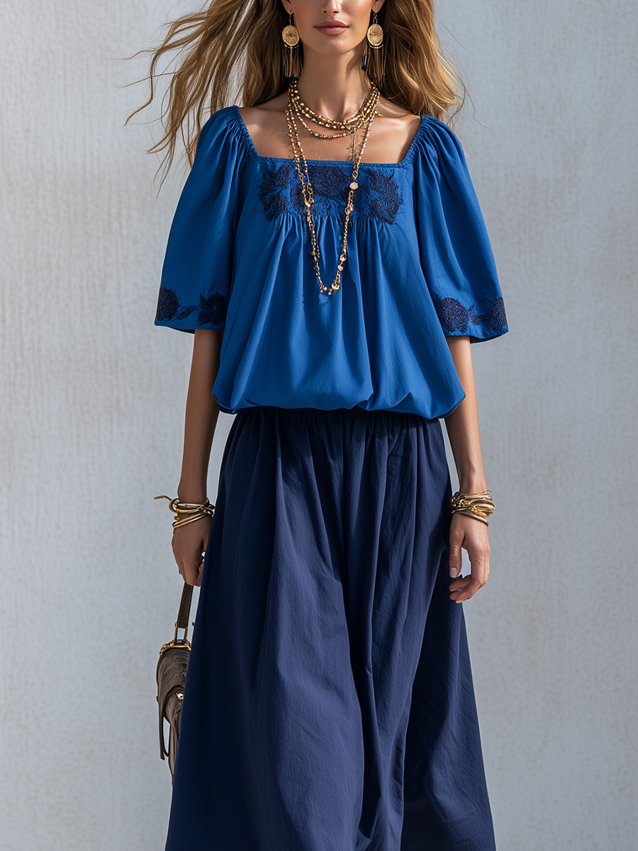 Briar | Cotton Linen Blue Colour-blocked Skirt Suit