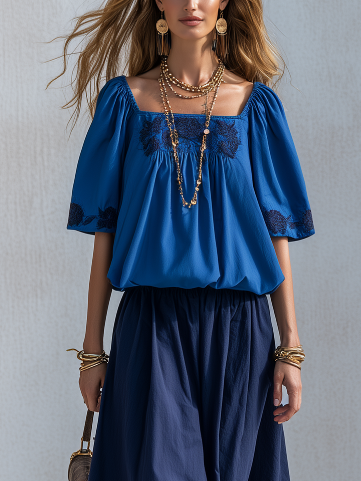 Briar | Cotton Linen Blue Colour-blocked Skirt Suit