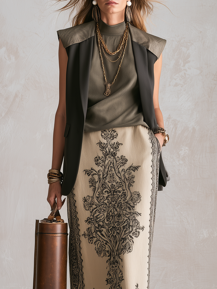Adelaide | Olive Green Sleeveless Vest And Skirt