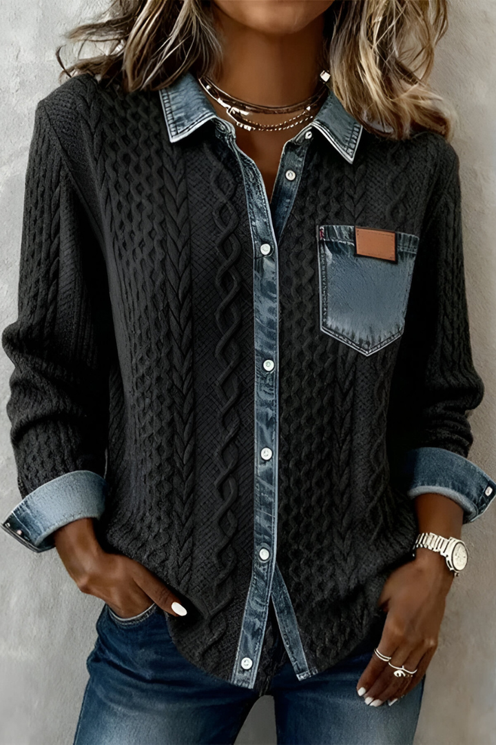Gwyneth | Cable Knit Denim Trim Shirt