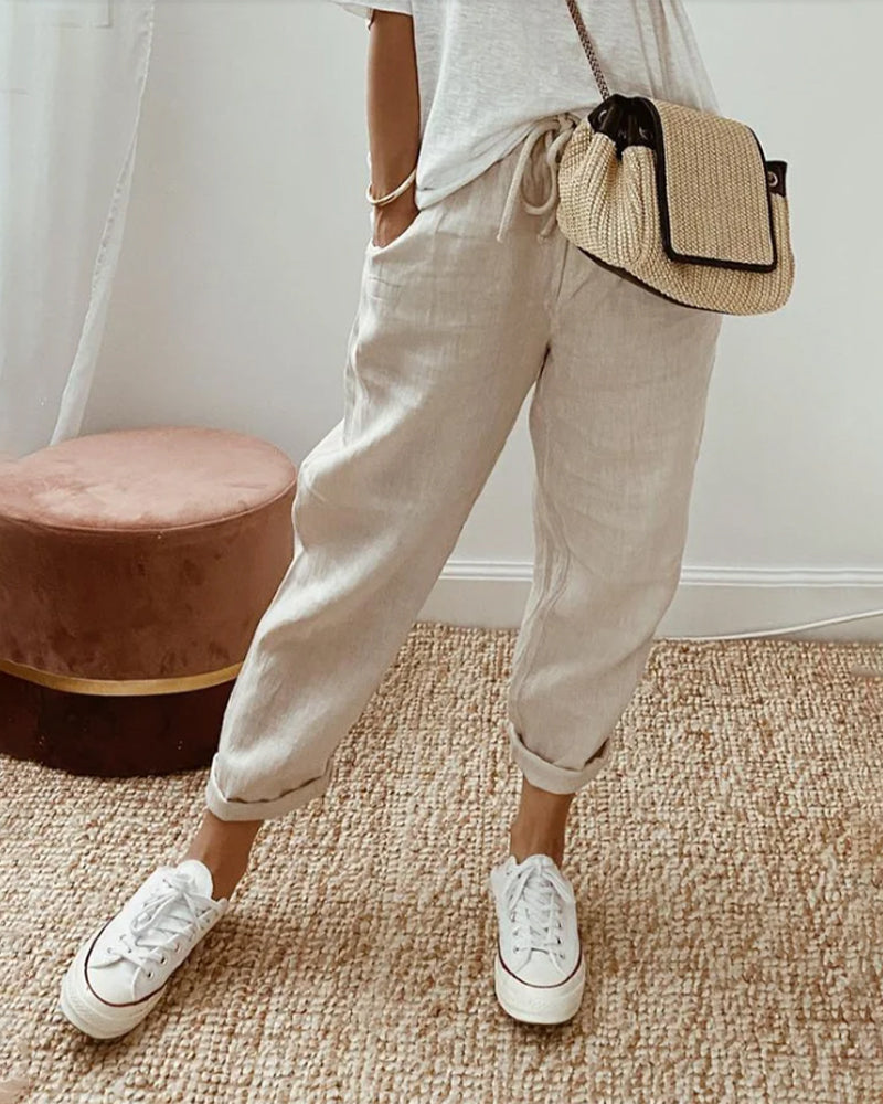 Belinda | Refined Tapered Linen Pants with Turn Ups