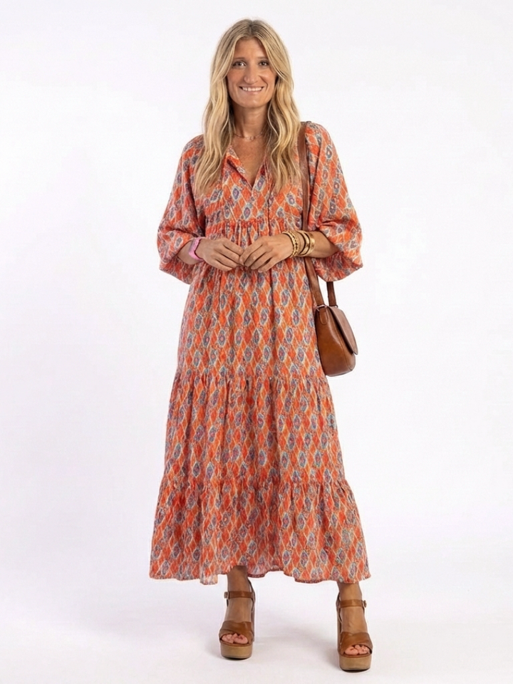 Marisette | Geometric Print V-Neck Tiered Midi Dress