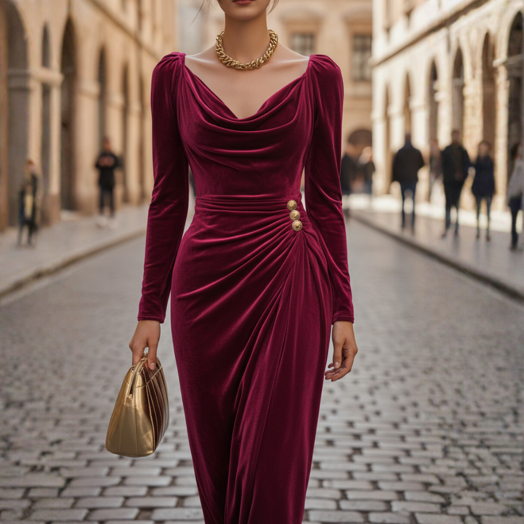 Nadia | Draped Velvet Evening Midi Dress