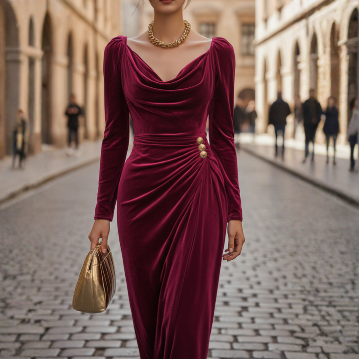 Nadia | Draped Velvet Evening Midi Dress