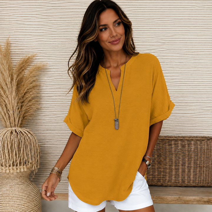 Lanica | Comfortable V Neck Roll Sleeve Blouse