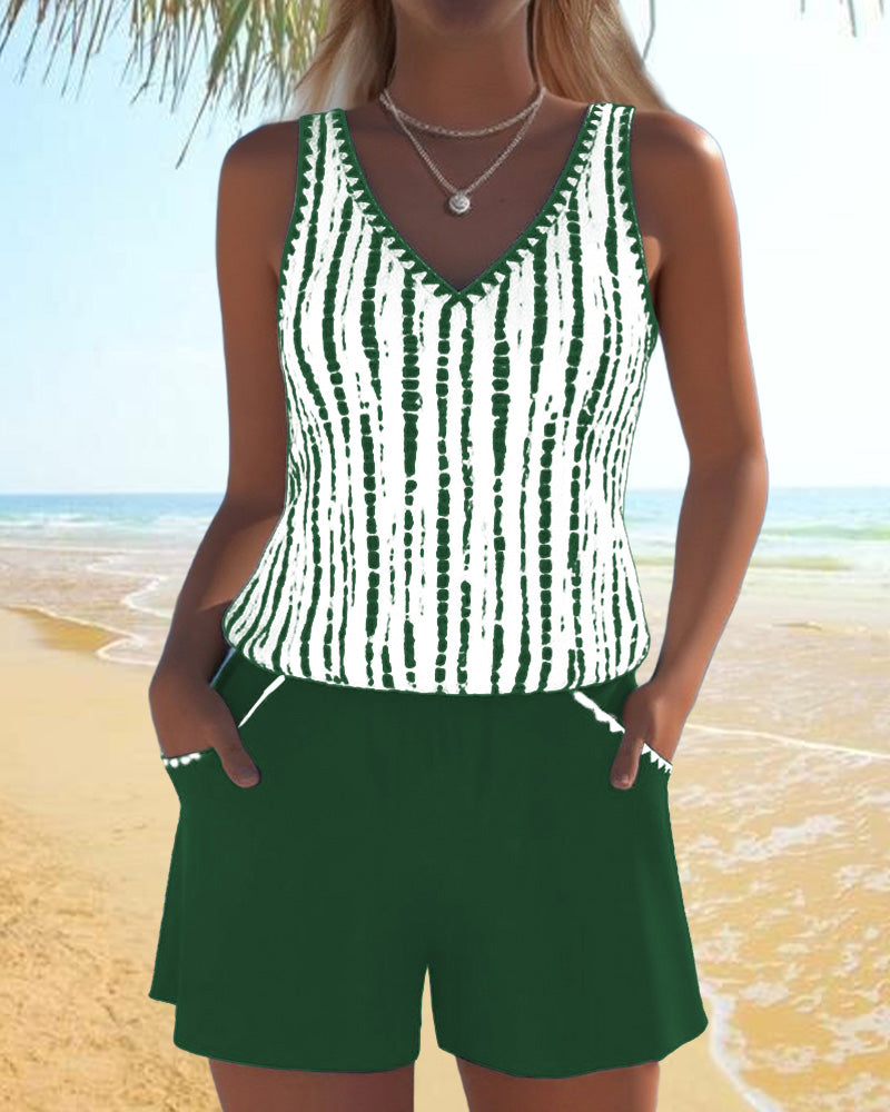 Mia | Casual Two Piece Printed V-Neck Swimsuit with Pockets