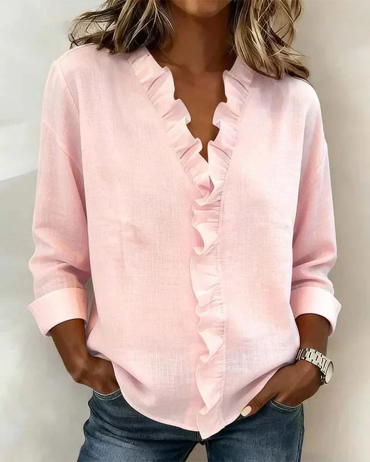 Georgina | Ruffled V Neck Linen Top