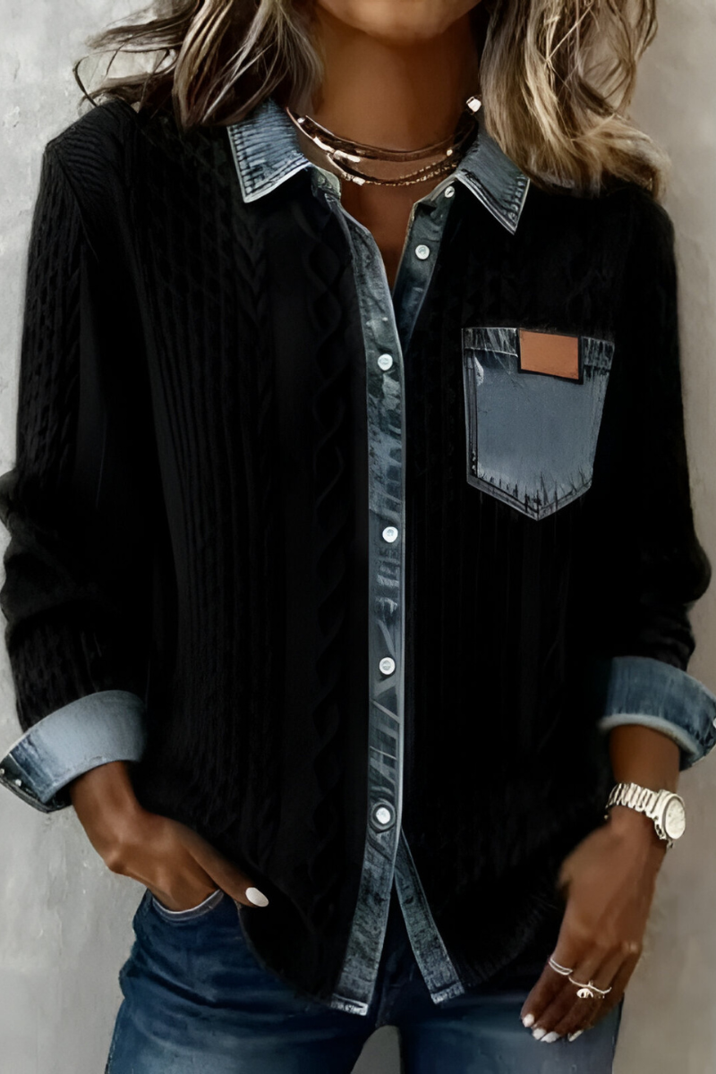 Gwyneth | Cable Knit Denim Trim Shirt