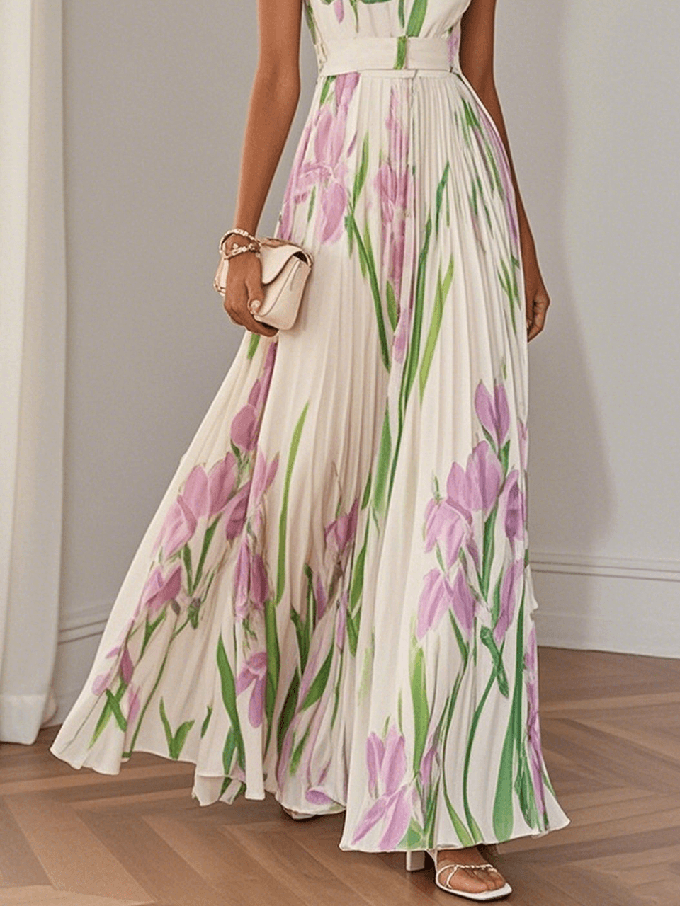 Marie | Pleated Floral Chiffon Maxi Dress, White