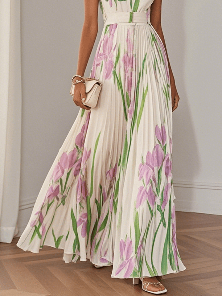 Marie | Pleated Floral Chiffon Maxi Dress, White