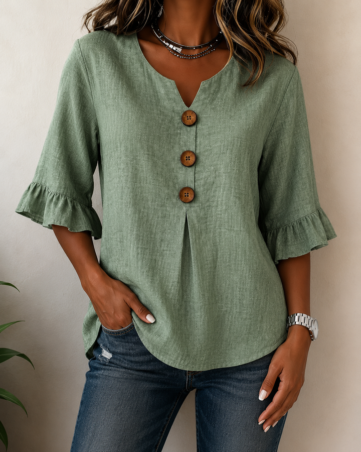 Kerria | Ruffle Sleeve Button Linen Blouse