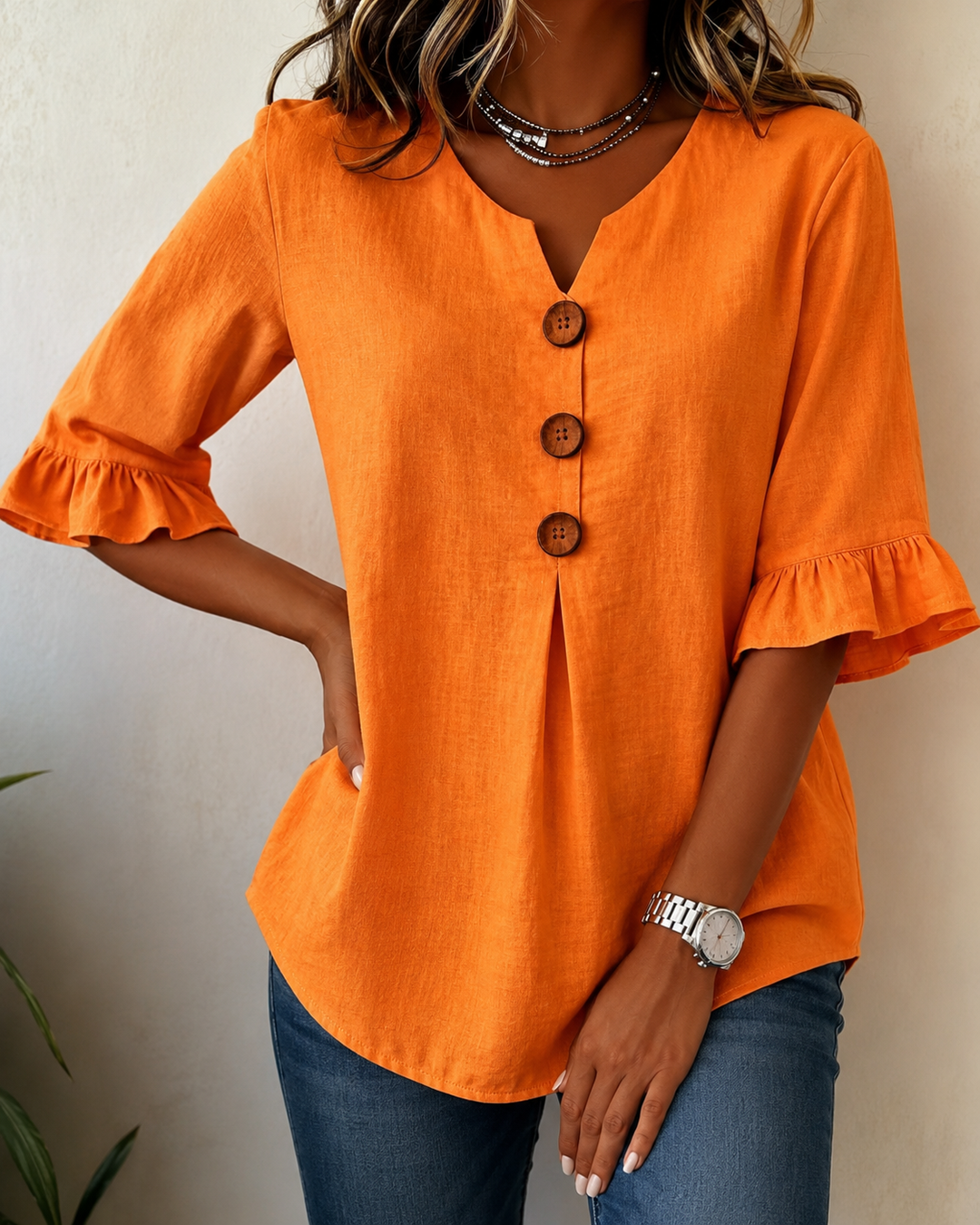 Kerria | Ruffle Sleeve Button Linen Blouse