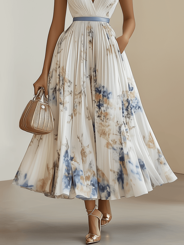 Chloe | Pleated Floral Chiffon Midi Dress, White