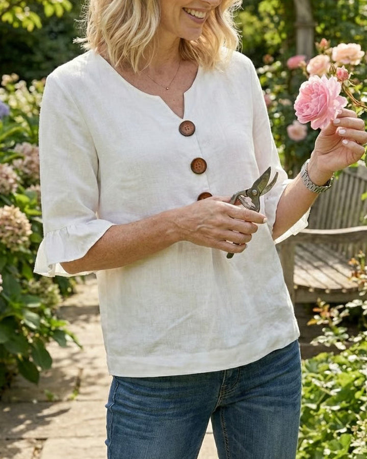 Kerria | Ruffle Sleeve Button Linen Blouse