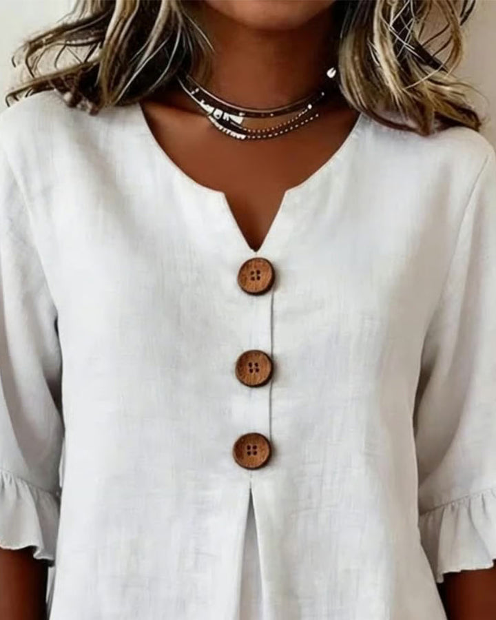 Kerria | Ruffle Sleeve Button Linen Blouse