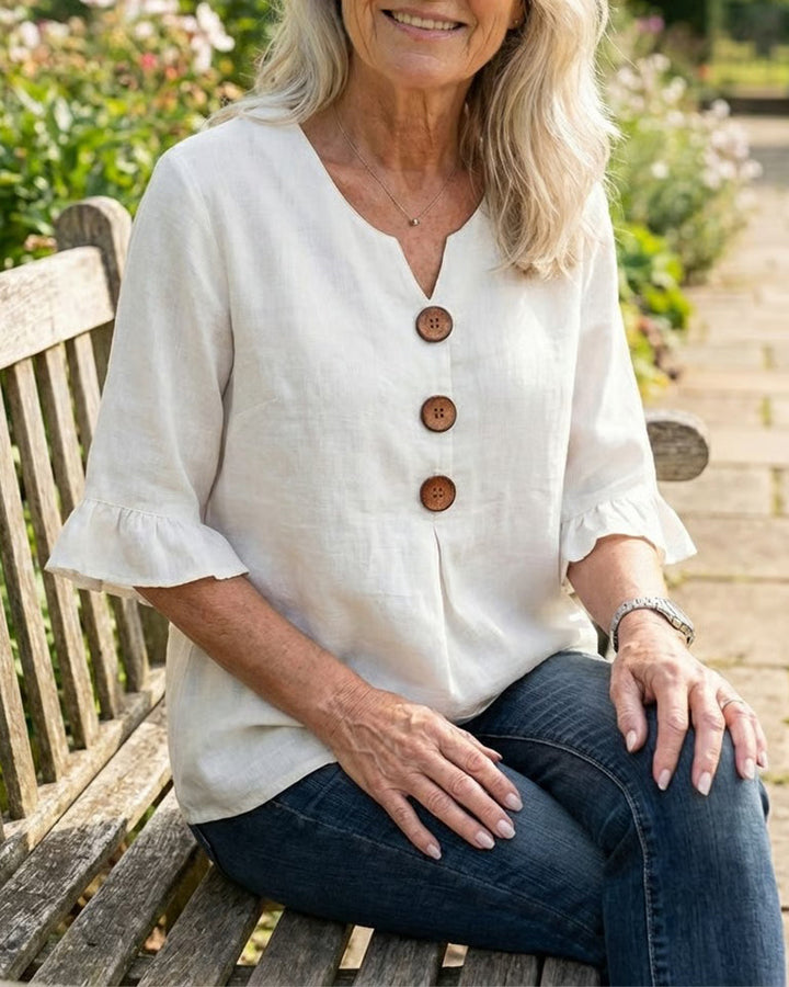 Kerria | Ruffle Sleeve Button Linen Blouse
