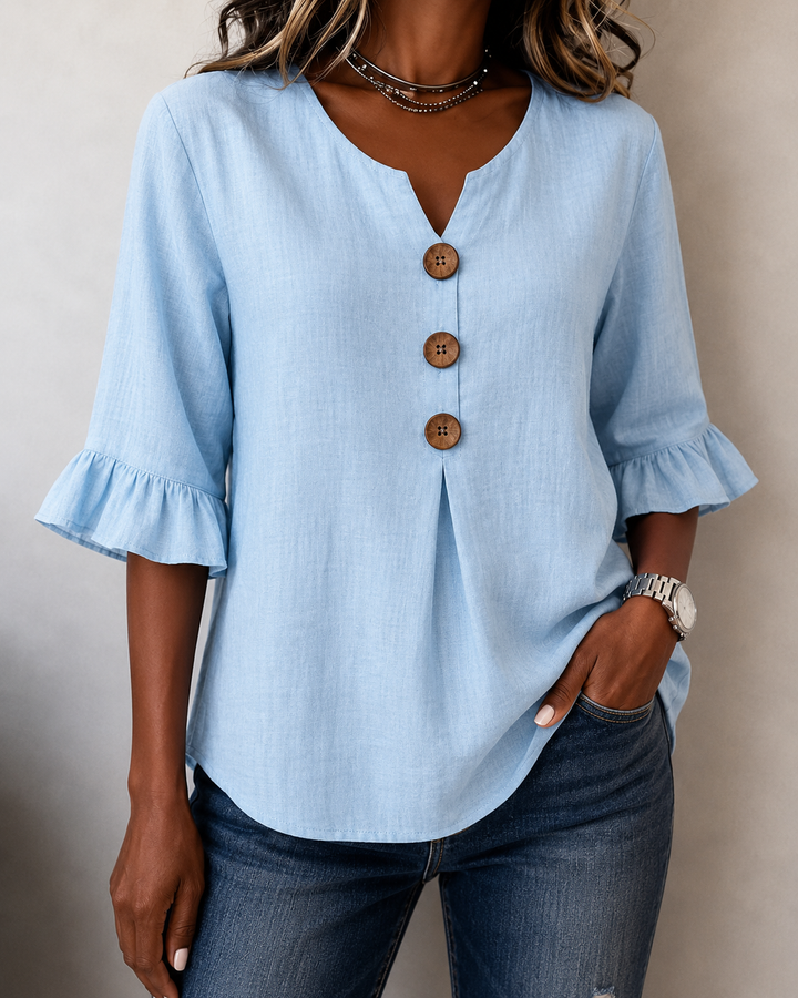 Kerria | Ruffle Sleeve Button Linen Blouse