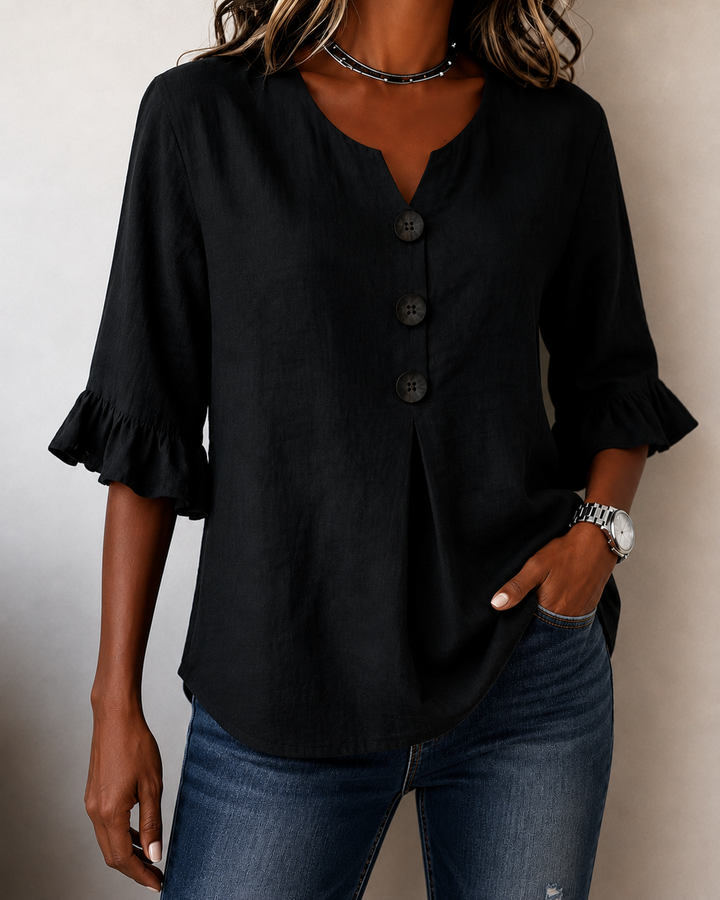 Kerria | Ruffle Sleeve Button Linen Blouse