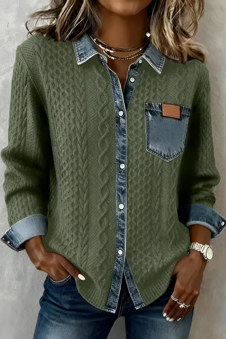 Gwyneth | Cable Knit Denim Trim Shirt