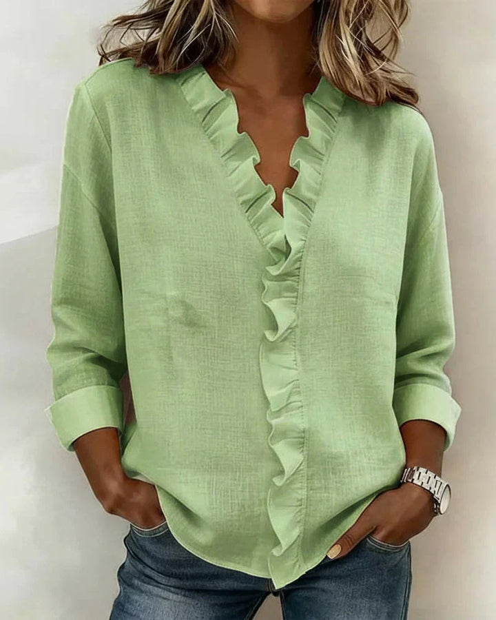 Georgina | Ruffled V Neck Linen Top