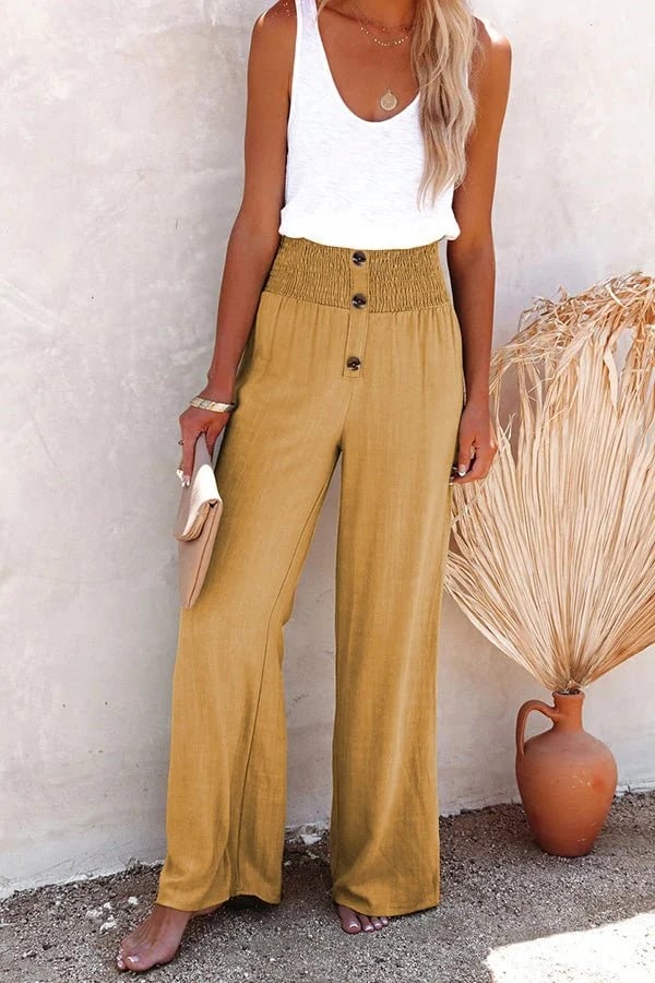 Dianne | Smocked High Waist Pants with Button Front