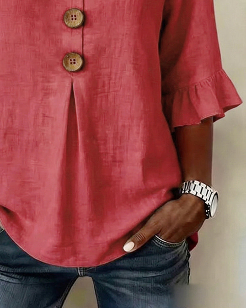 Kerria | Ruffle Sleeve Button Linen Blouse