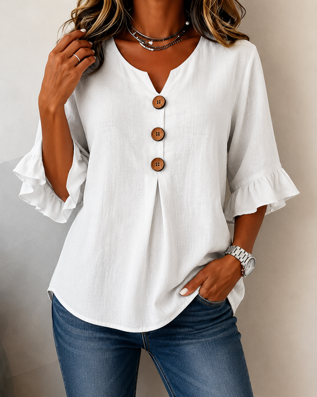 Kerria | Ruffle Sleeve Button Linen Blouse