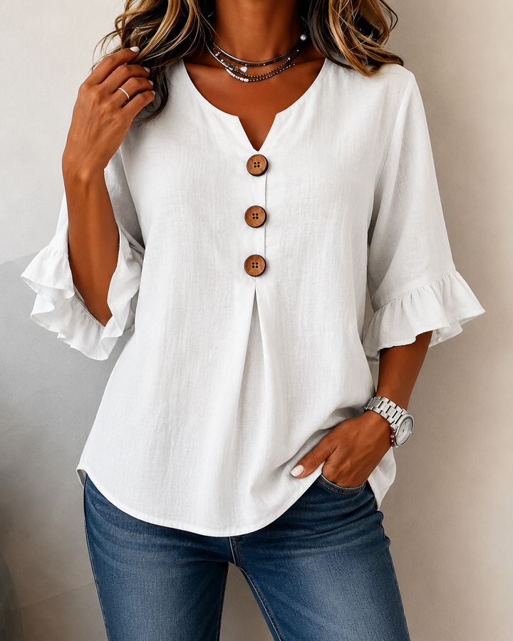 Kerria | Ruffle Sleeve Button Linen Blouse