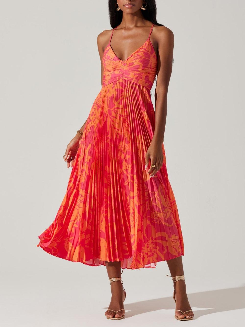 Heather | Elegant Pleated Midi Dress, Coastal Floral Print