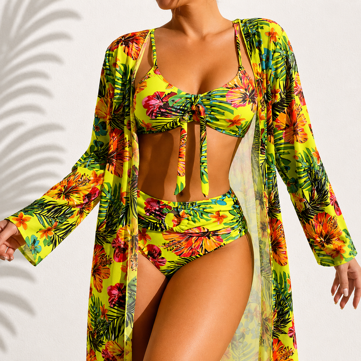 Maddie tropical three piece bikini set with matching kimono