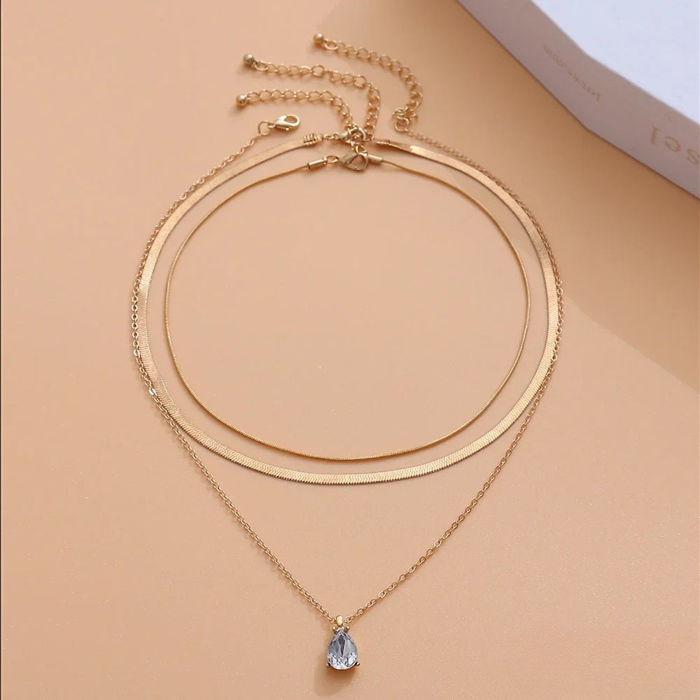 Layered Necklace with Gold-Coloured Zirconia Pendant