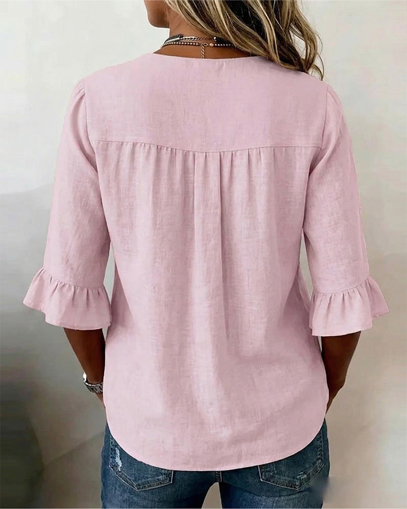 Kerria | Ruffle Sleeve Button Linen Blouse