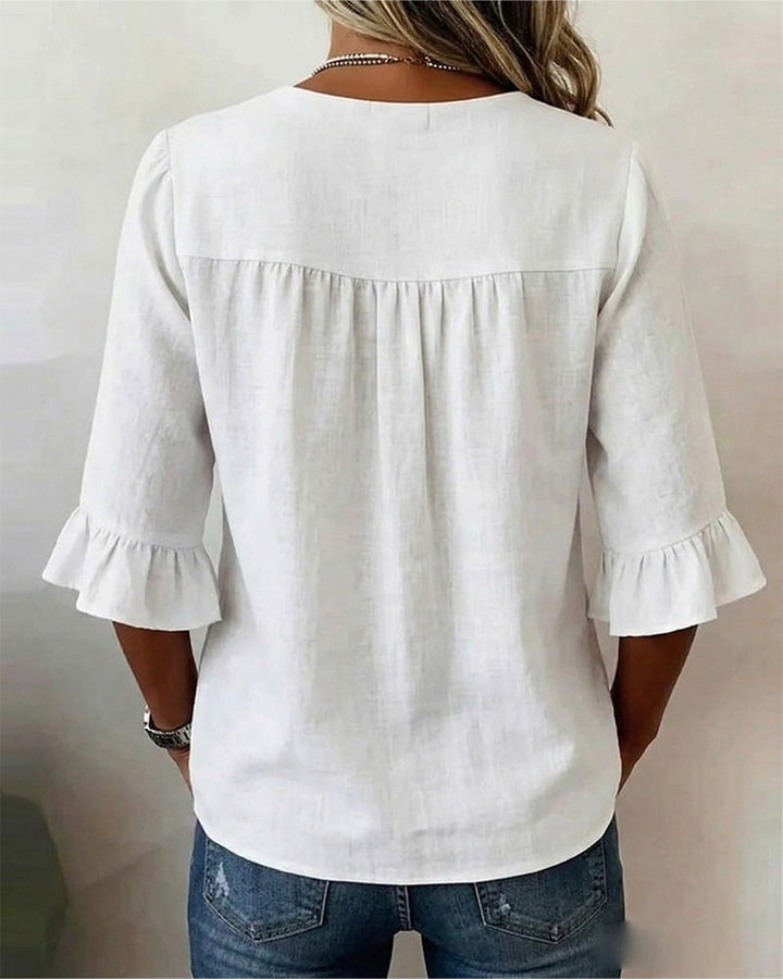 Kerria | Ruffle Sleeve Button Linen Blouse