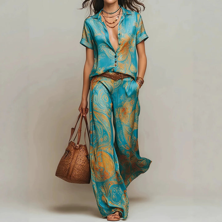 Sabine | Vintage Print Two-Piece Shirt and Wide-Leg Set